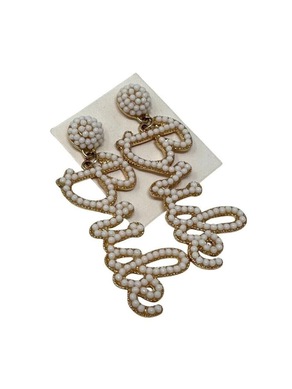 Bride Beaded Statement Earrings Goldtone White Dangling Design Wedding Post Back